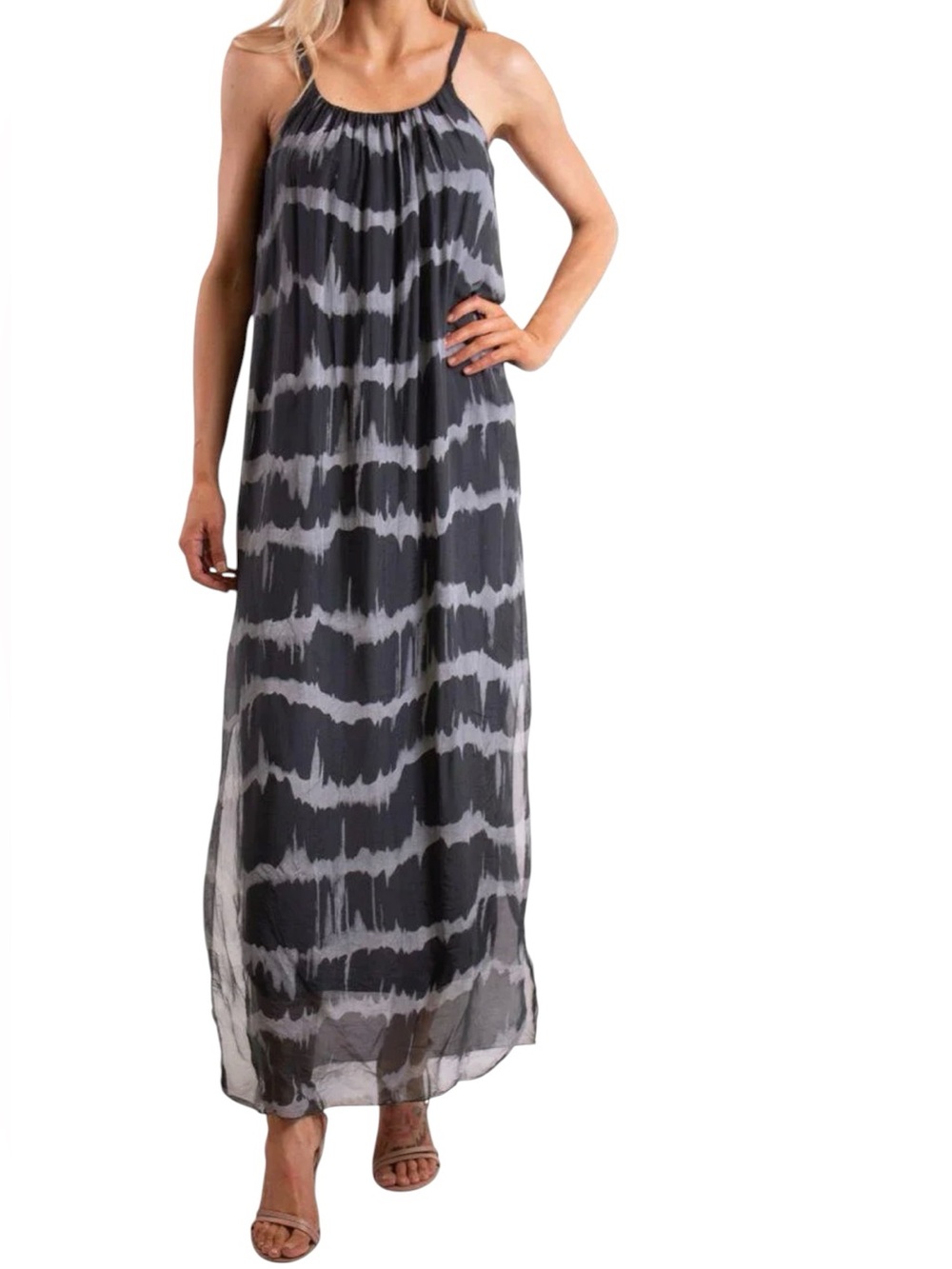 100% Silk Venus Tie Dye Silk Dress Black & Gray Maxi Dress